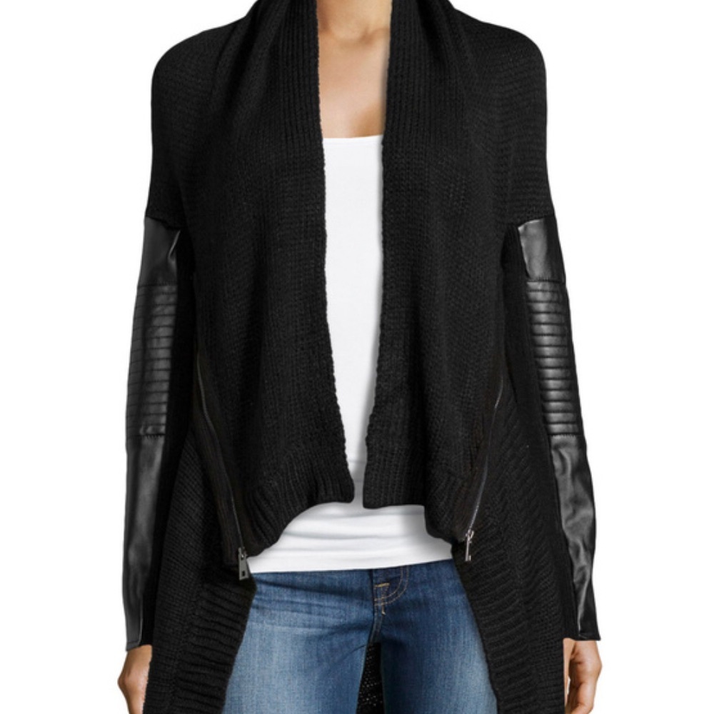 Dex Black Open Cardigan Sweater Faux Leather Trim